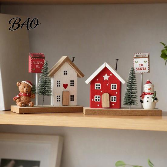 Christmas Showcase Display Mini Village House Figurine, Winter Scene Ornament with Snowman Hand Painted Wood Town Bear & Mailbox, Nordic Style Desktop