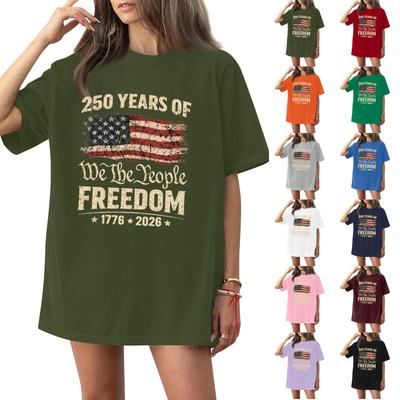 Women's Casual Fashion Round Neck Casual American Flag Print Short Sleeve T-Shirt Top