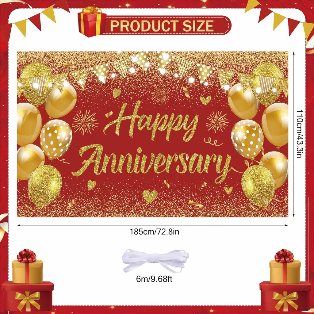 Wedding Anniversary Banner Red Gold Happy Decorations for Women Men Party, In...
