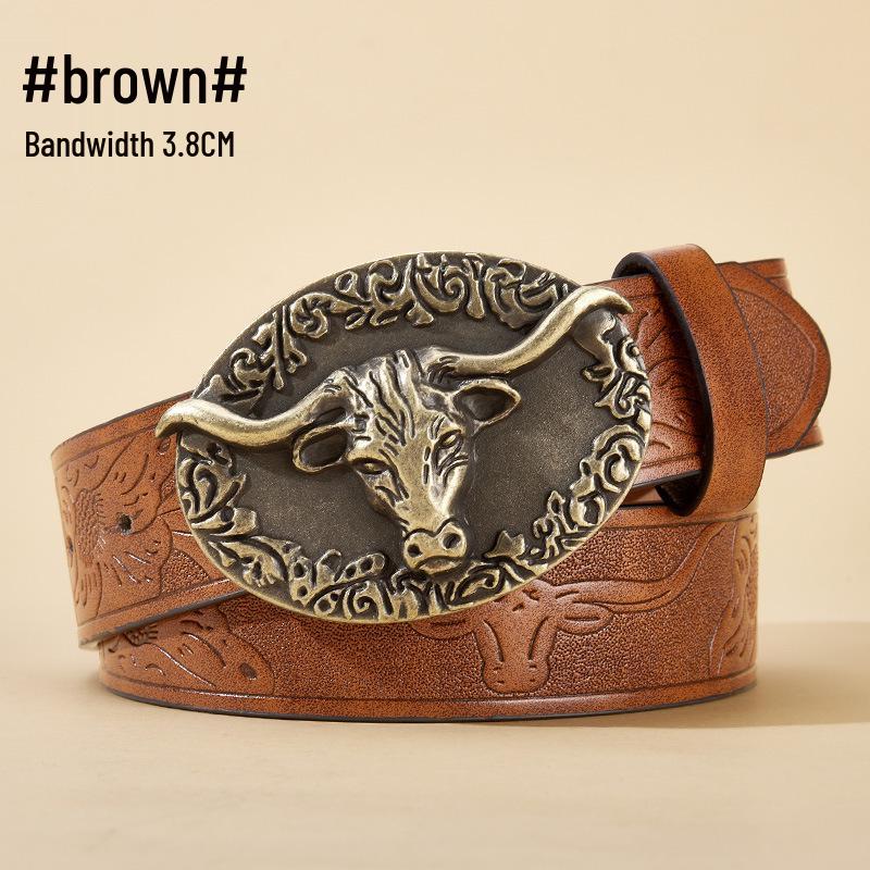Men's Bull Head Western Leather Belt with Large Buckle