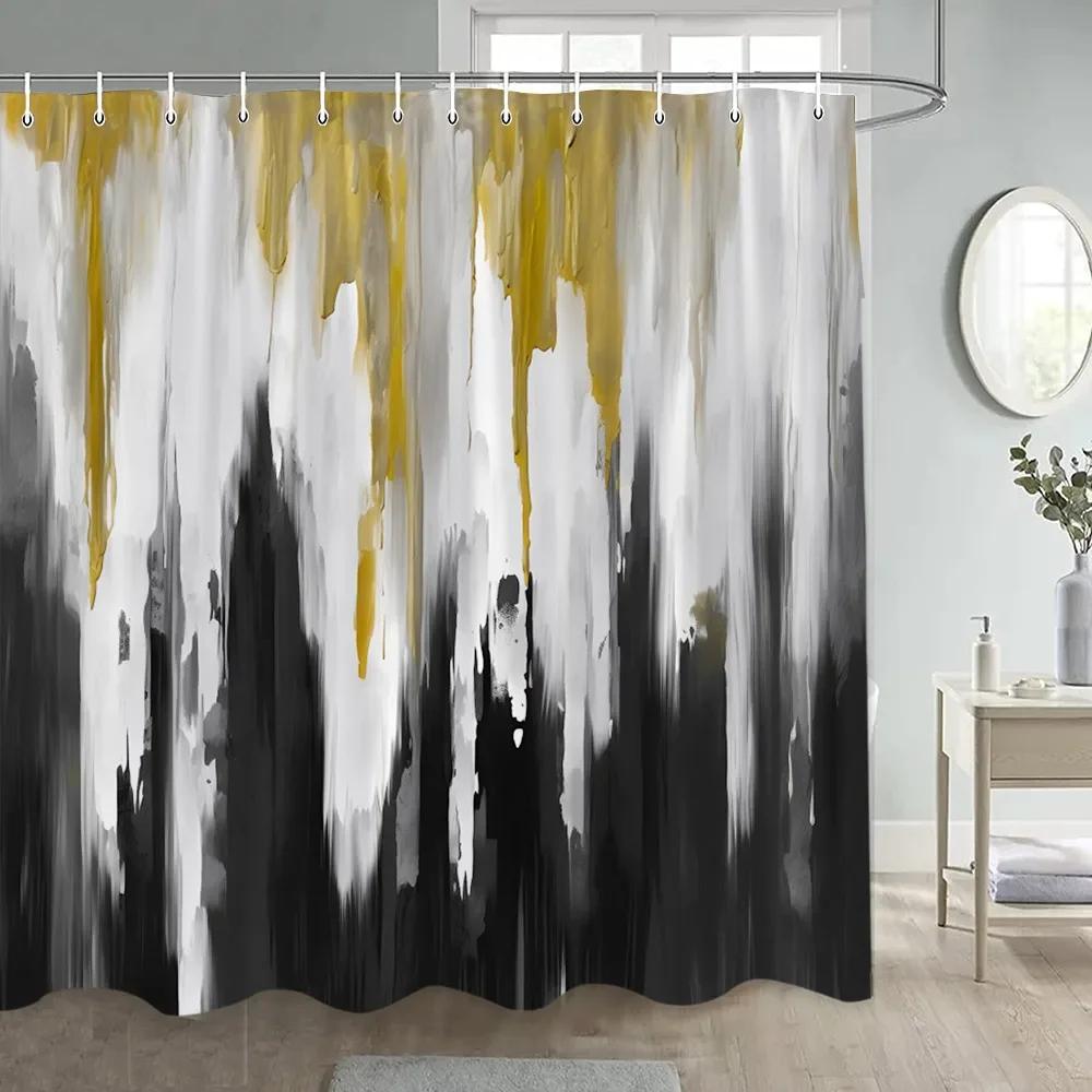 Abstract Grunge Style Shower Curtains White Blue Ombre Oil Painting Art Modern Polyester Fabric Bathroom Decoration With Hooks