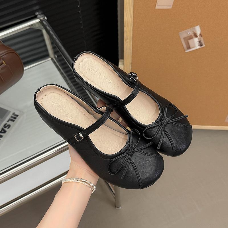 Inner Height Increase Bow Bag Head Half Slippers Women Wear Outside Summer Night Wind Lazy People Pedal Mary Jane Shoes