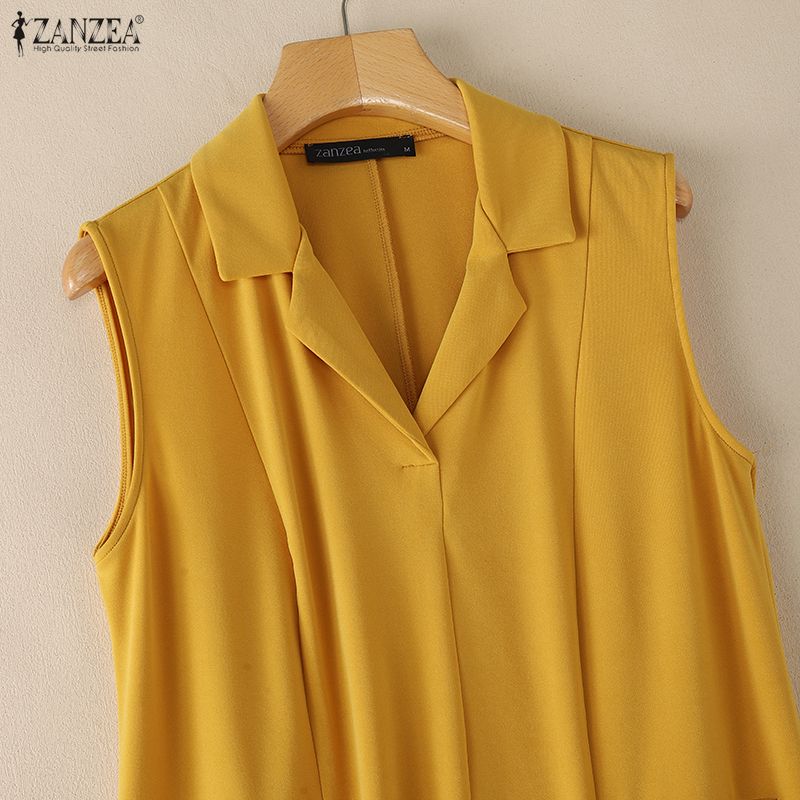 ZANZEA Women Casual Turn Down Collar Solid Color Loose Sleeveless Dress