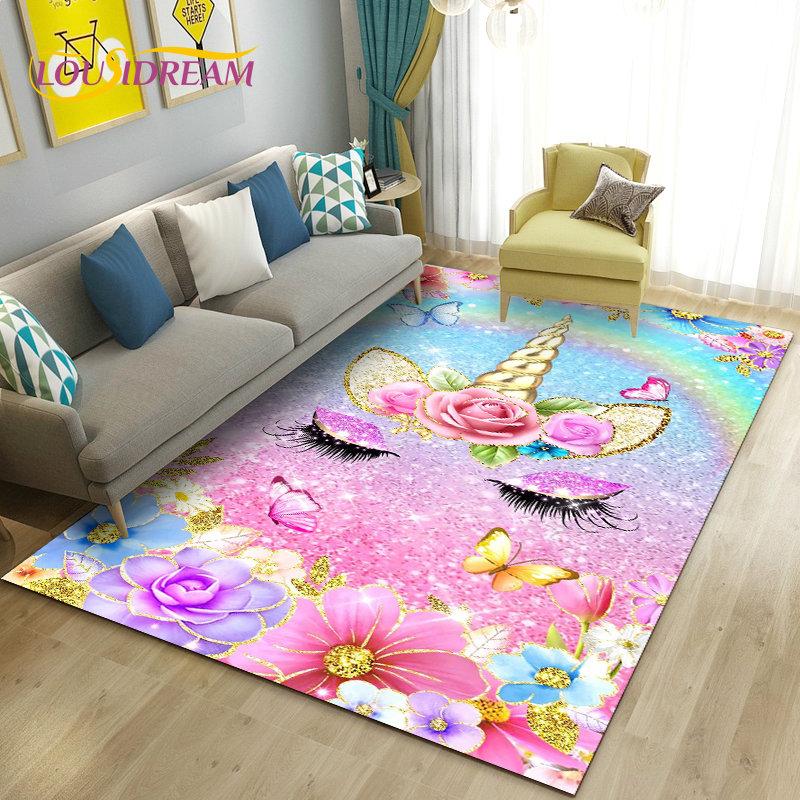 3D Cartoon Leuke Eenhoorn Gebied Tapijt, Tapijt Tapijt voor Woonkamer Slaapkamer Bank Deurmat Keuken Decoratie, Kind Speel Antislip Vloermat