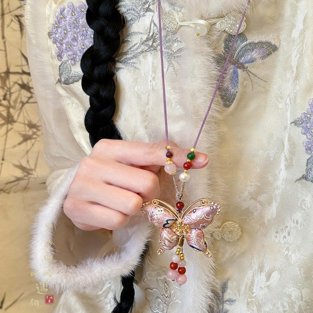 

Tassels Chinese Style Necklace Beads Pearl Long Sweater Chain Embroidered Pendant Necklace Women рожевий