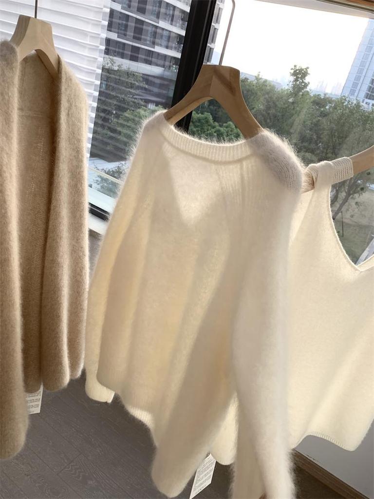 Women's Thickened White Cashmere Sweater - Pure Wool Brushed Long Hair Cardigan
