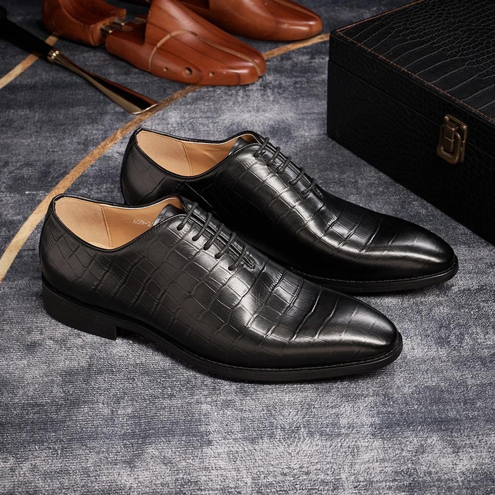 Men's Formal Wedding Shoes Lace-Up Pointed Toe Oxford Genuine Leather Crocodile Print Party Business Dress Shoes