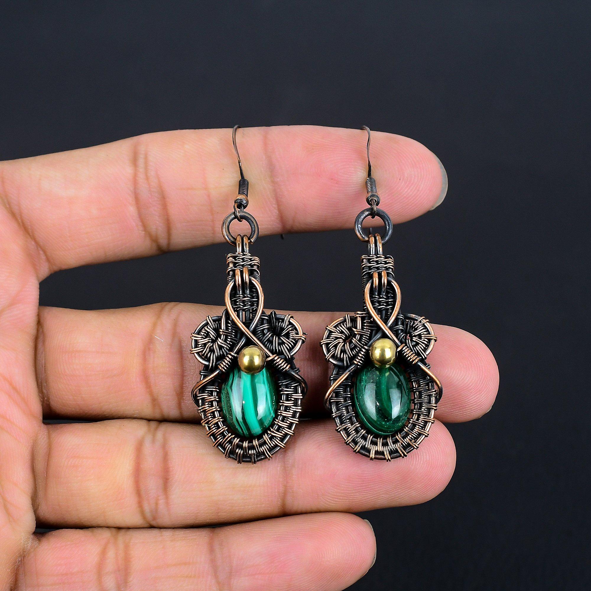 

Серьги из малахита, украшения из меди 999 пробы с проволочной оплеткой, подарок для женщин, серьги ручной работы, украшения с драгоценными камнями 1.77 Inches