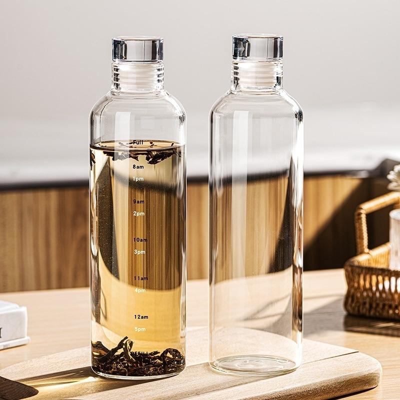 2pcs 300-1000ml Clear Glass Water Bottle Large Capacity with Time Marker Cover for Water Drink Outdoor Portable Milk Juice Cup