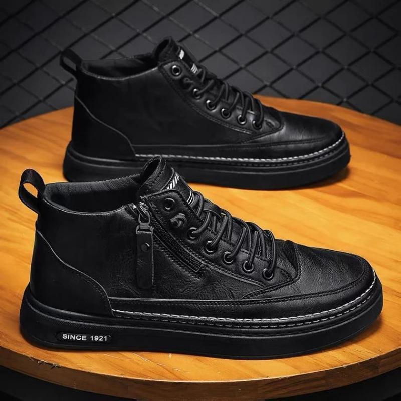 

Fashion Autumn Winter Men s High Top Casual Leather Shoes Non slip Zipper Men s Sports Shoes Men Loafers Shoes 44 чёрный