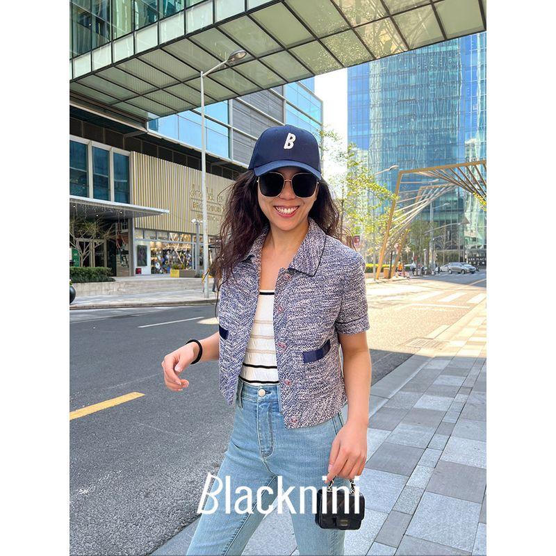 

Blacknini Инь Вафля/Японская ткань Контрастные лацканы Твид Короткий рукав/Брюки (Два цвета) Blue-pants S