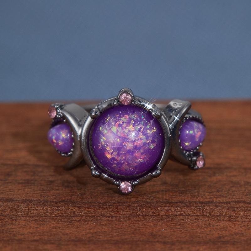 Round Mysterious Purple Opao Ring Women's Black Wedding Band Engagement Party Anniversary Zircon Mother's Day Gift