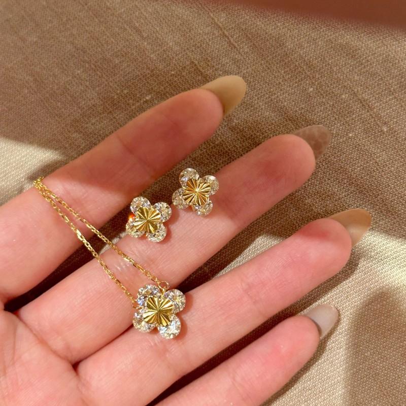 Sterling Clover Pendant Necklace Earrings Set Women Vintage Floral Jewelry