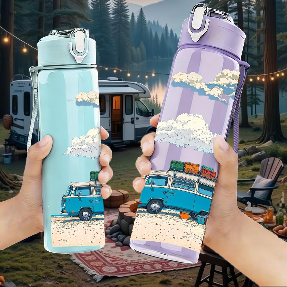 1PC Retro Van Mountain Sky Scenery Print 750ml Color Plastic Sports Water Bottle Leakproof Flip Straw Lid Suitable for Sports Office Home Use