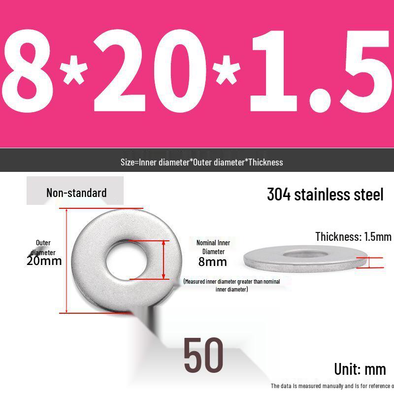 304 Stainless Steel Thickened Flat Washer Ring - Various Sizes (M1.6-M22)