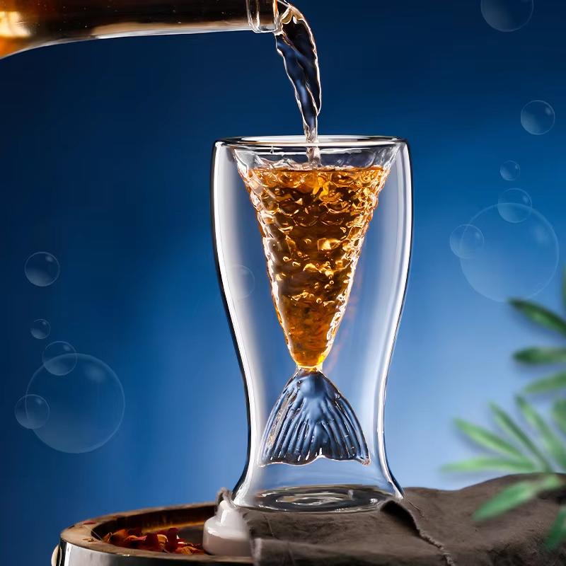 Heat-Resistant Double-Wall Mermaid Glass Cup for Champagne Beer Whiskey Cocktails Transparent Creative Bar Drinkware