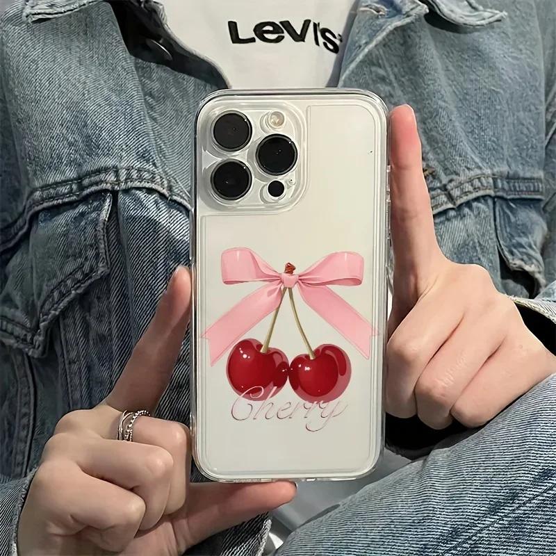 Cute Cherry Bow-Knot Clear Case for iPhone 16 12 13 Mini 11 14 15 Pro Max Xs XR 8 Plus Ultra Thin Silicone Cover for Women Girls