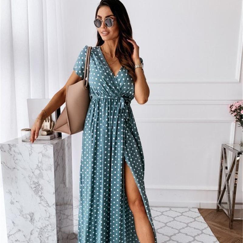 Short-sleeved V-neck Summer Fashion Sexy Casual Long Skirt Bohemian Polka-dot Print Dress EMA