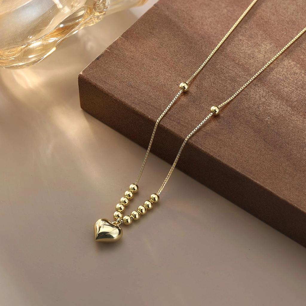 Real Silver Gold Plated Heart Pendant Necklace With Dainty Snake Chain Sparkling Beads Strand Gift