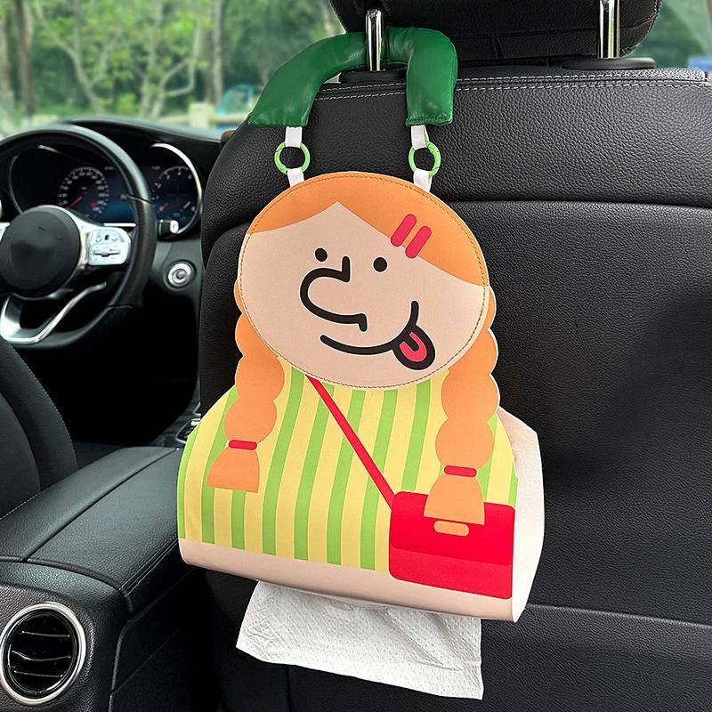 Cute Cartoon Monkey Car Tissue Holder PU Leather Hanging Tissue Box for Girls Auto Napkin Organizer