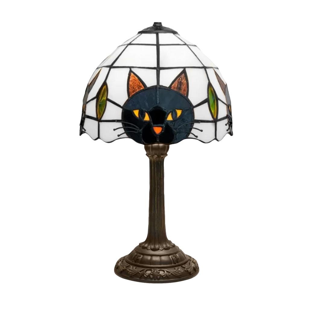 Resin Cat Table Lamp with Stained Glass Style Shade Vintage Decorative Lighting Fixture for Living Room Bedroom Office Study