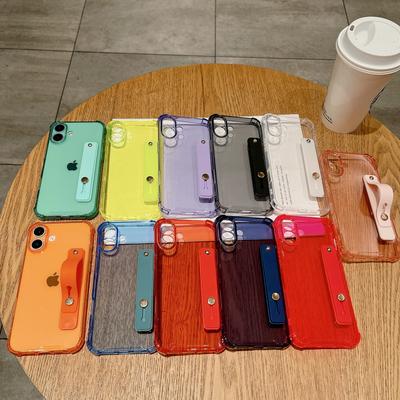 Solid Color Clear Slim Phone Case For Apple iPhone 16 Pro Max 15 Pro 14 13 12 11 TPU Soft Wristband Stand Holder Shockproof Transparent Bumper Cover