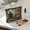 Halloween Storage Bag Bag, Large Capacity Cosmetic with Pumpkin Black Zipper Pouch Castle Skull Print, Smooth Thickened Canvas Toiletry Student School