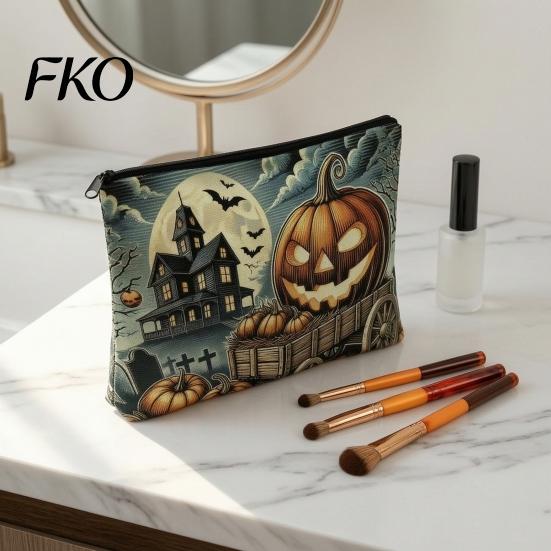 Halloween Storage Bag Bag, Large Capacity Cosmetic with Pumpkin Black Zipper Pouch Castle Skull Print, Smooth Thickened Canvas Toiletry Student School