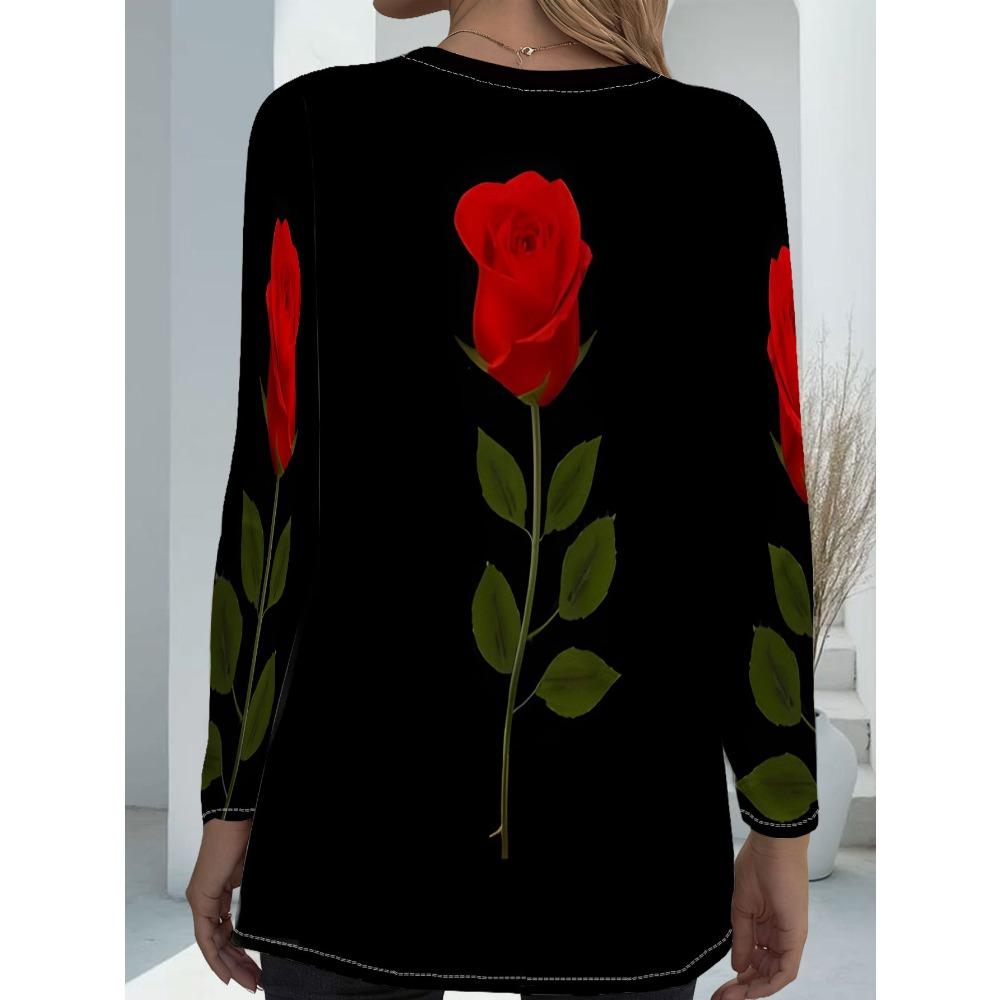 Women's Plus Size Pocket Design Rose Print Loose Long Sleeve T-Shirt