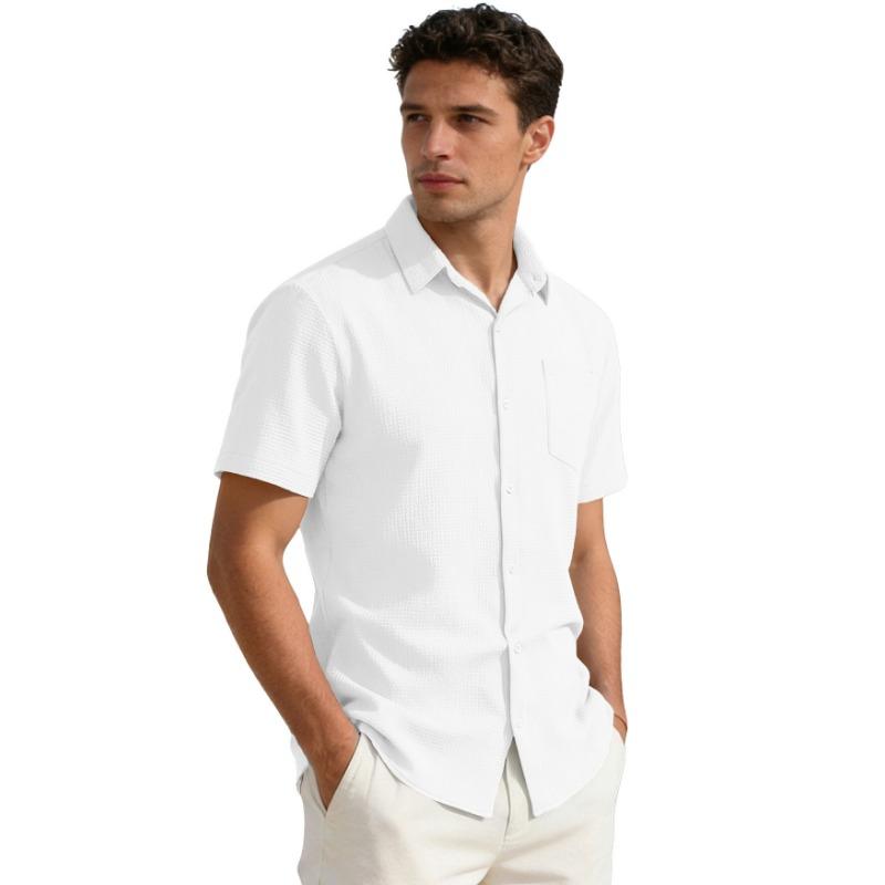 Mens Solid Light Blue Short Sleeve Shirt Casual Textured Button Down Shirt With Pocket S белый