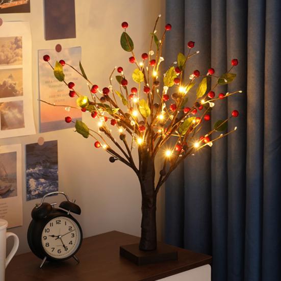 LED Birch Tree Light with Red Berries Mini Glowing Birch Tree for Tabletop Decor Festive Home Party Wedding Centerpiece Decorations
