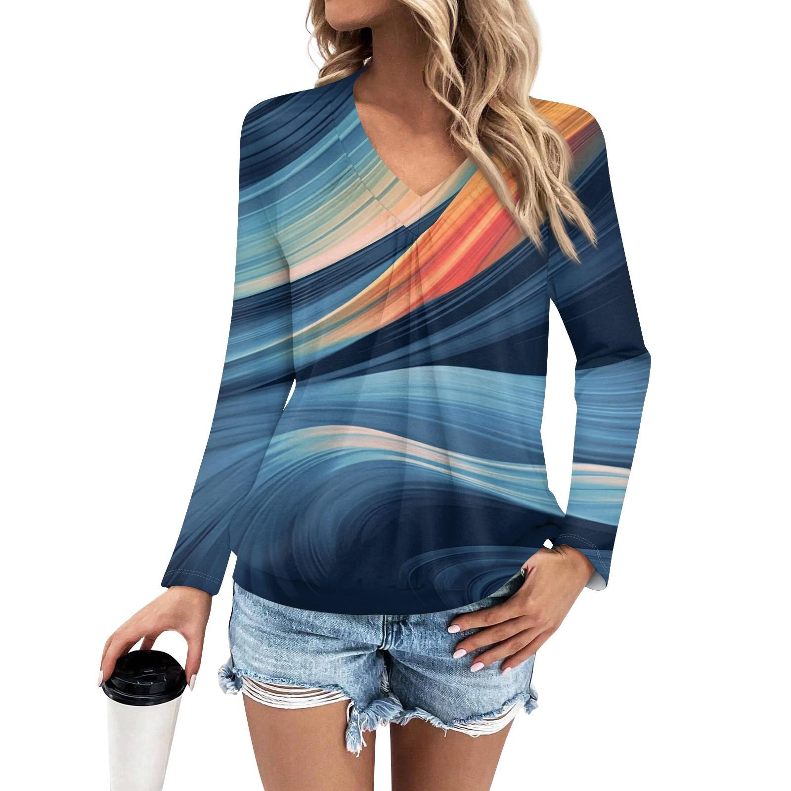 

Женская мода V-образный вырез плиссированный принт повседневный длинный рукав L