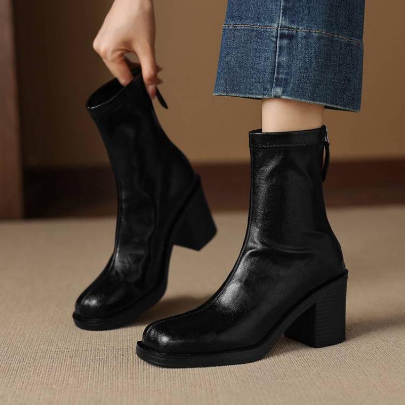 Autumn and Winter Women's High-heeled Leather Boots Solid Color Rubber Sole Versatile Martin Boots Rear Zipper Square Heel Elastic Medium Boots Women