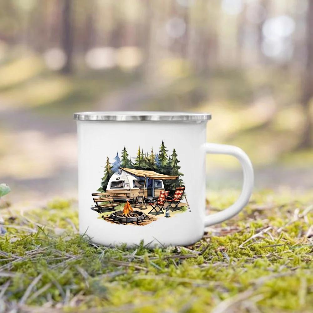 Adventure Day Caravan Printed Camper Mugs Camping Enamel Mug Campfire Party Beer Juice Cup Mountain Handle Cups Gifts for Camper