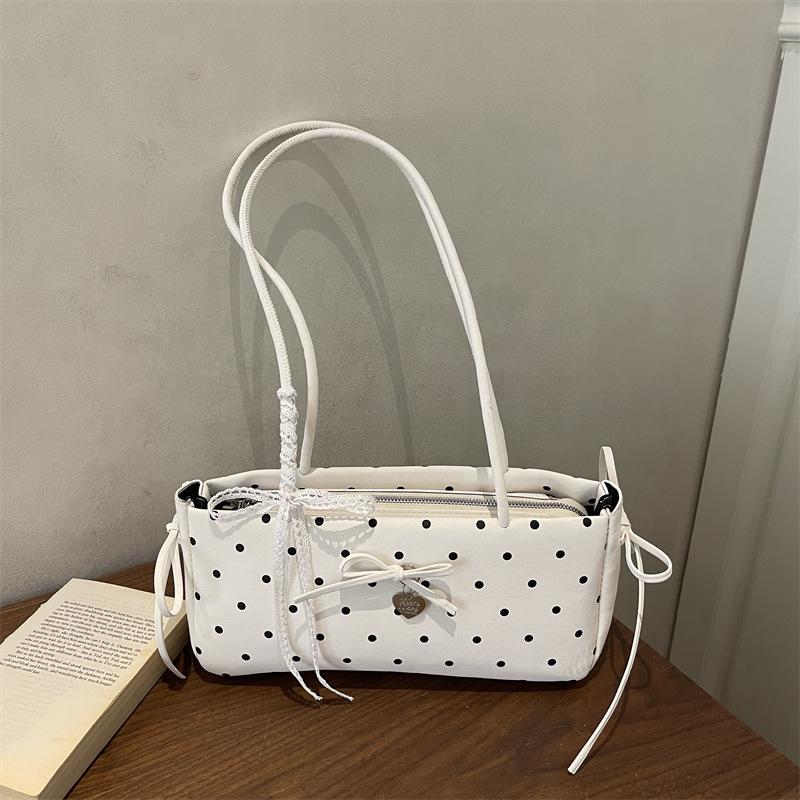 Gepunktete Spitzenrippen-Schulter-Achseltaschen für Damen Süße Schleifen-Mädchen-Kissenbeutel Einfache Vielseitige Tragbare Damen-Handtaschen