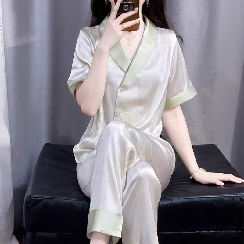 Pajamas women's summer cool ice and snow silk short-sleeved trousers cardigan simple two-piece set simple casual loungewear