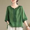 Linen Embroidery Women's T Shirt Loose Pullover Tee O Neck Thin Shirt Three Quarter Sleeves Summer Retro Blouse