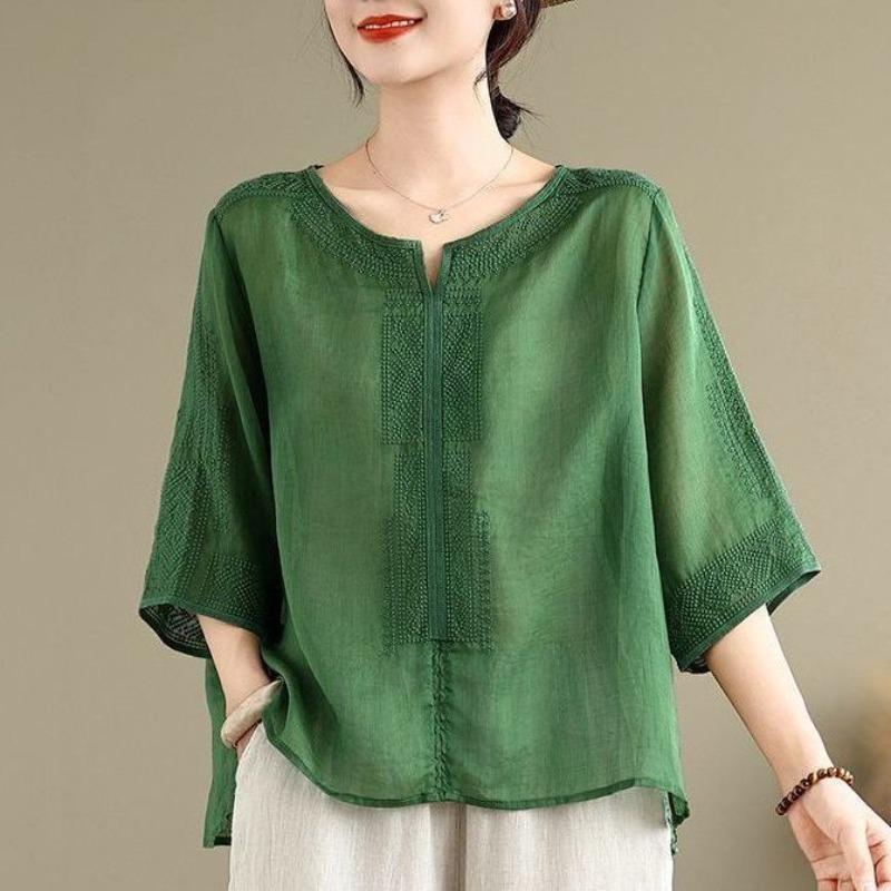 Linen Embroidery Women's T Shirt Loose Pullover Tee O Neck Thin Shirt Three Quarter Sleeves Summer Retro Blouse