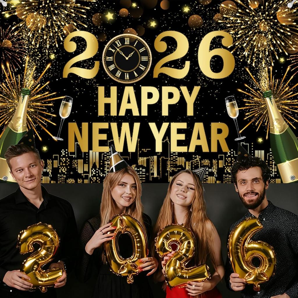 2026 Happy New Year Banner 5.9×3.6Ft Black and Gold 2026 New Year Backdrop for Eve Party Decorations Supplies Large Photo Backdrop Wall Decorations