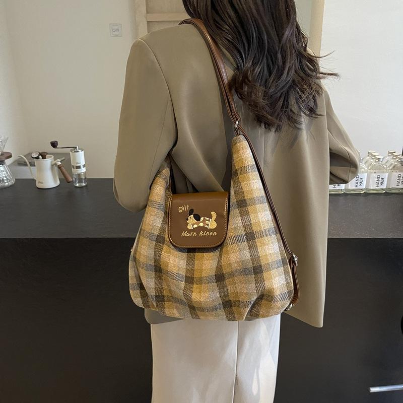 Bags Women's Large-capacity Plaid Tote Bags Commuter Retro Shoulder Satchel New Personalized Casual Backpack
