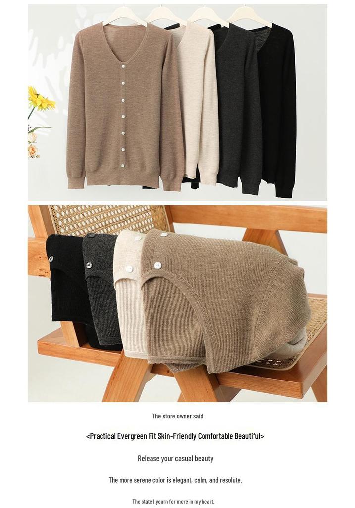 Women's 100% Fine Wool V-neck Loose Cardigan - Single-Breasted Solid Color, Casual Fashion