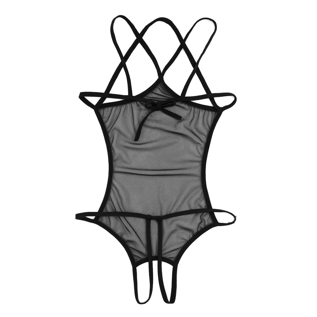 Womens Mesh Crotchless Bodysuit Halter Backless Hollow Out Leotard Lingerie