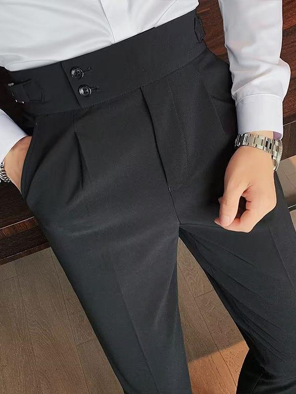 Naples Men's Korean Style Slim-Fit Retro High Waist Solid Color Straight Casual Trousers