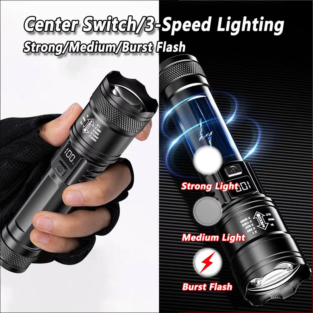 High Strong Power Led Flashlights Portable Tactical Torch with Display Light Rechargeable Camping Fishing Emergency Zoom Lantern