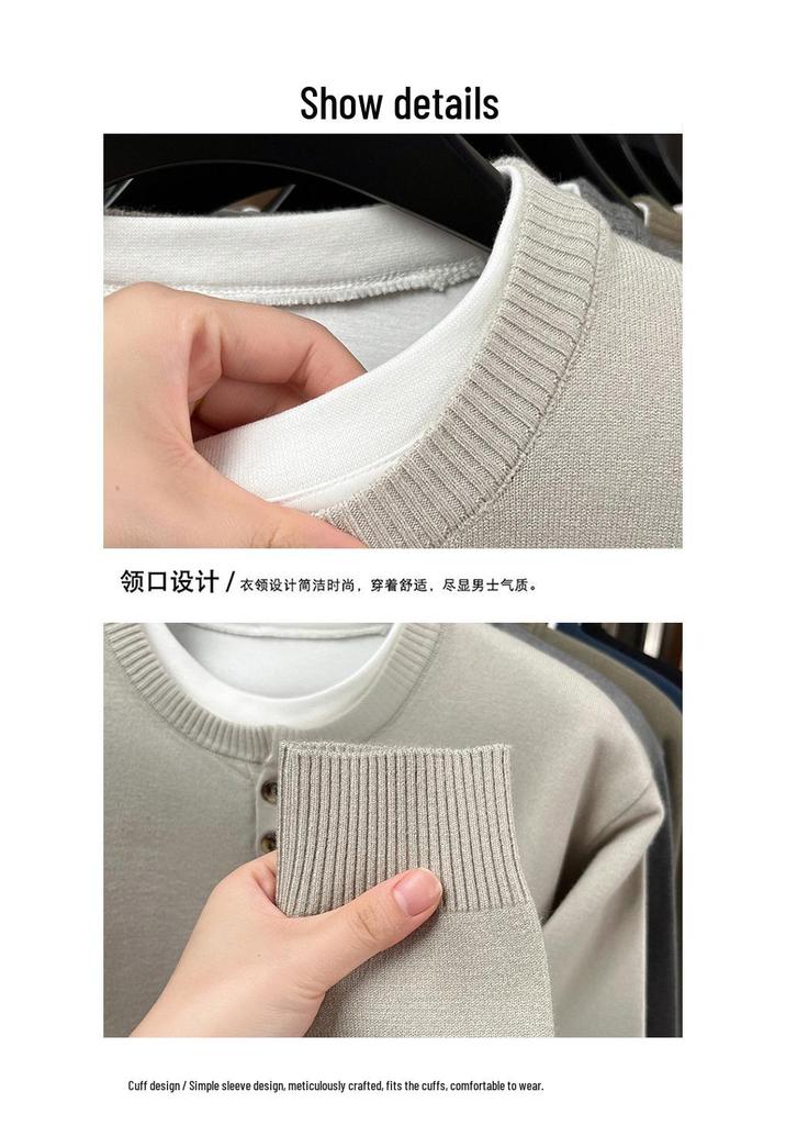Men's Summer 2025 Heavyweight Henley Collar Two-Piece Look Short Sleeve Casual Knit Sweater