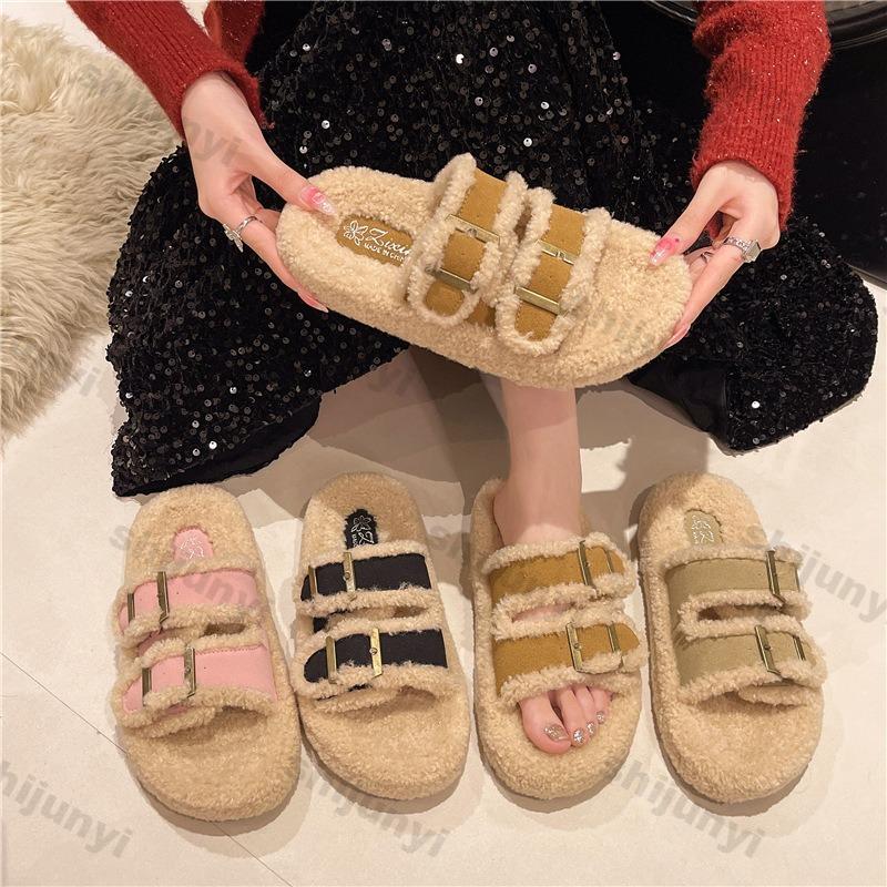 Women's Slippers Belt Buckle 2024 Autumn/winter Thick Soled Boken Plush Fluffy Slippers New Korean Outdoor Fashion Cotton Shoes