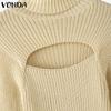 VONDA Women Turtleneck Long Sleeve Cutout Casual Fitted Knitwear Sweaters Jumpers