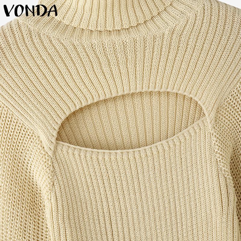 VONDA Women Turtleneck Long Sleeve Cutout Casual Fitted Knitwear Sweaters Jumpers