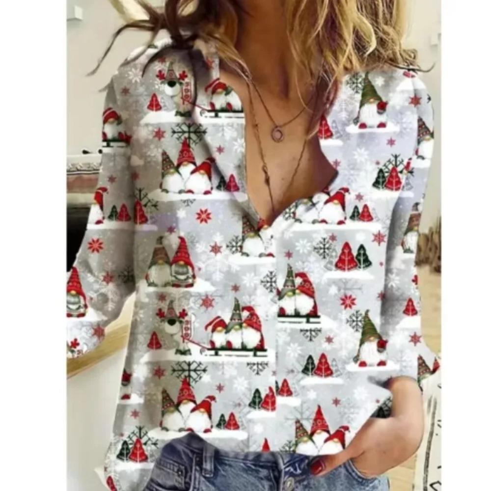 Green Red Christmas Snowflakes Print Women Shirts Tops Fashion Autumn New Long Sleeve Loose