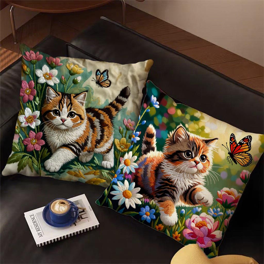 Cute Floral Kitten Square Throw Pillow Covers Pattern Cushion Cover Suitable For Sofa Bedroom Car Pillow Cover